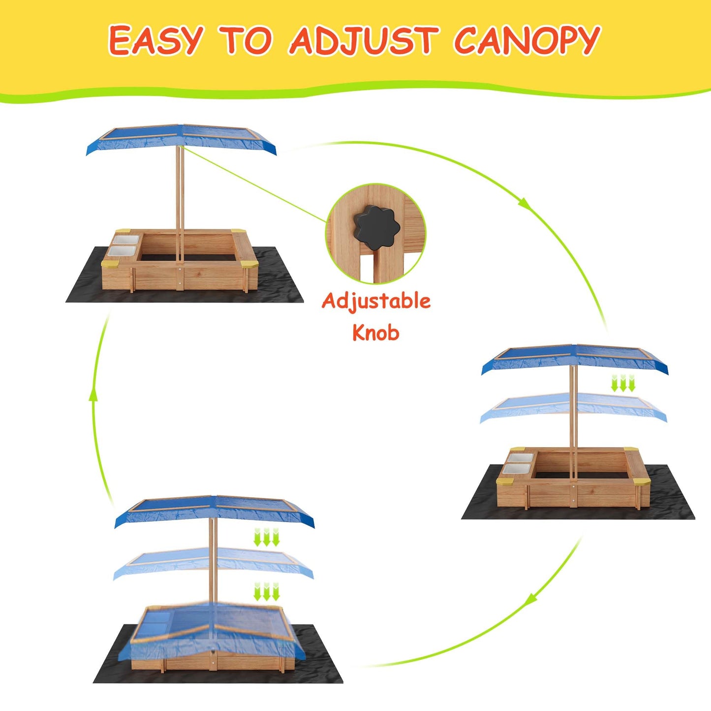 Wooden Sandbox with Cover/Lid & Retractable Canopy, 2 Side Buckets & Drainage Liner - Weather-Resistant Outdoor Sand Box for Kids/Toddler/Childrens