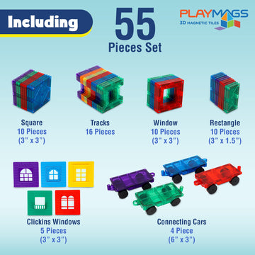 Playmags Magnetic Tiles Train Car Set for Kids - 55pcs Magnet Building Blocks Accessory Set with 4 Cars - Durable Creative STEM Learning Toys