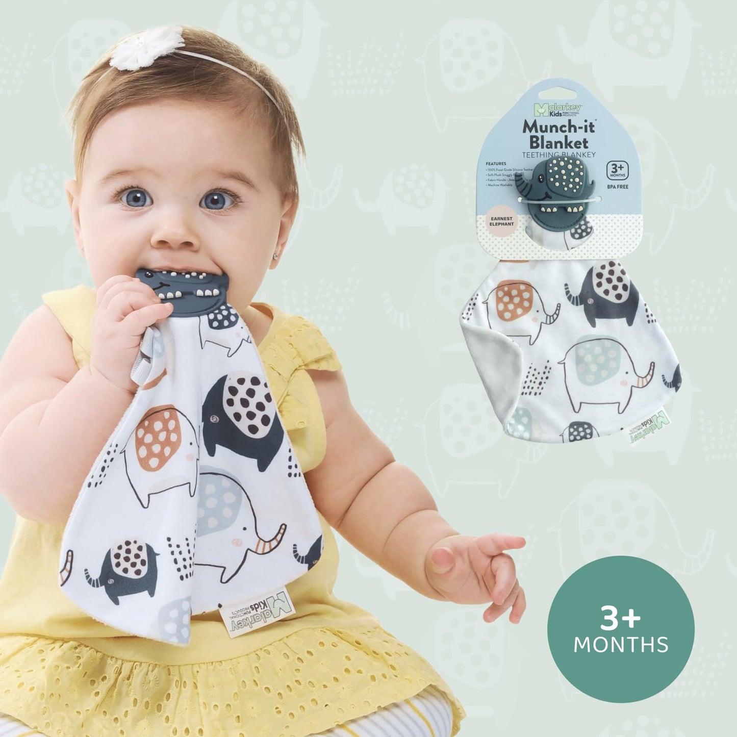 Malarkey Kids Munch-It Blanket: Teether and Cozy Blanket Combo for Teething Babies - Soothe, Snuggle, and Relieve Discomfort! (Earnest Elephant)