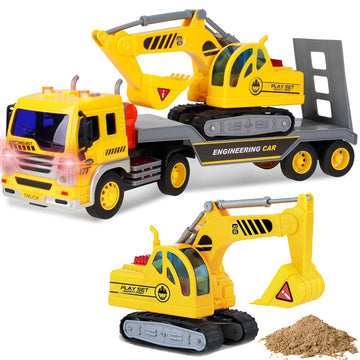 Liberty Imports Big Rig Tractor Trailer Low Boy Transport Flat Bed with Excavator Toy Trucks Combo, Semi Truck with Lights and Sounds, Flatbed Push