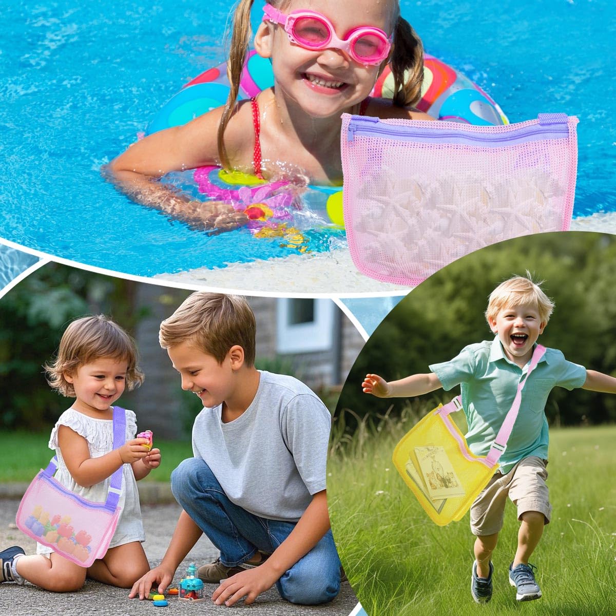 NEUROVYRAL 3 Pcs Seashell Collecting Bag for Kids, Beach Bag Beach Toys with Zipper Collapsible Mesh Adjustable Shoulder Straps for Kids Picking Up