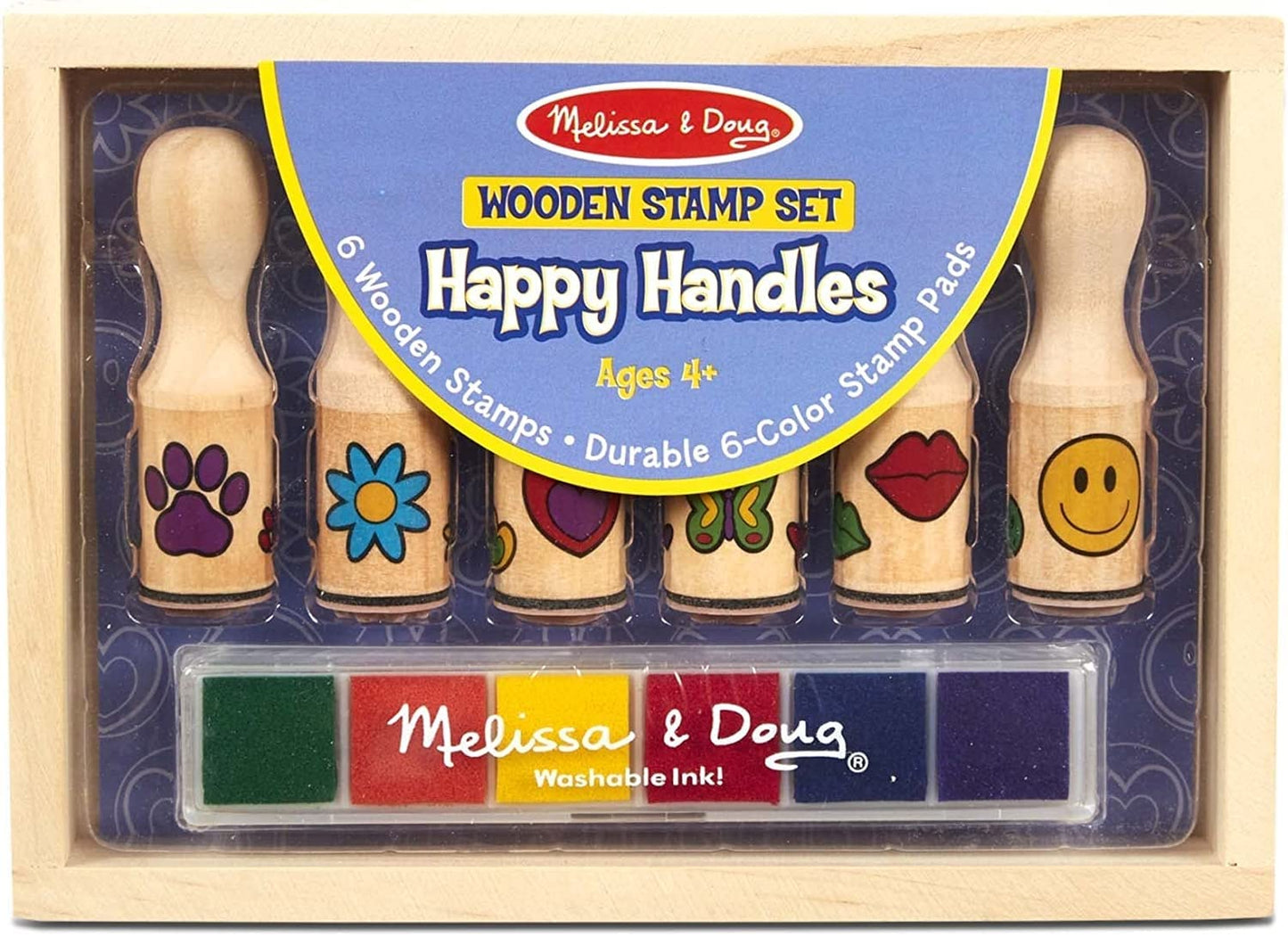 Melissa & Doug Happy Handles Wooden Stamp Set: 6 Stamps and 6-Color Stamp Pad - Kids Stamp Packs with Washable Ink, Easy to Hold Stampers for Kids