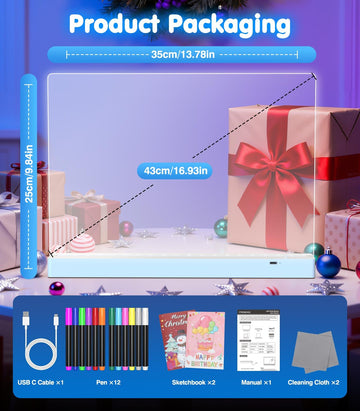 MoKo Led Drawing Message Note Board Rechargeable, 7 Color Light & 3 Modes, 16.9'' Art Dry Erase Lumiboard for Kids with Removable Stand,12 Markers & 2