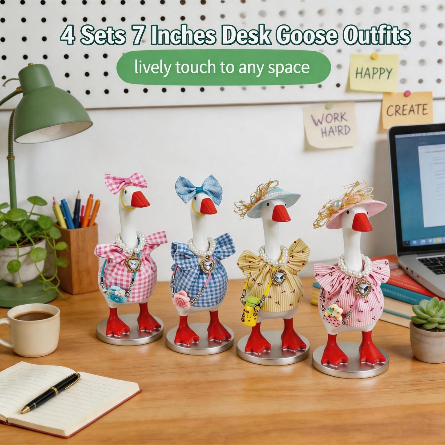 4 Sets 7 Inches Desk Goose Summer Outfits , Mini Desktop Goose Clothes Set - Includes Felt Hats, Sunglasses, Bags, Cute T-Shirts, Water Bottle