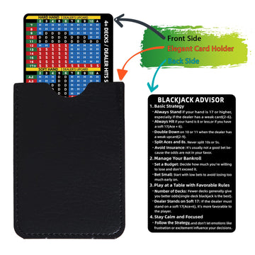 Gimao 2 PCS Metal Thick Blackjack Strategy Card with Leather Sleeve, Stainless Steel Blackjack Basic Chart Cards Wallet Size Book Allowed at Blackjack