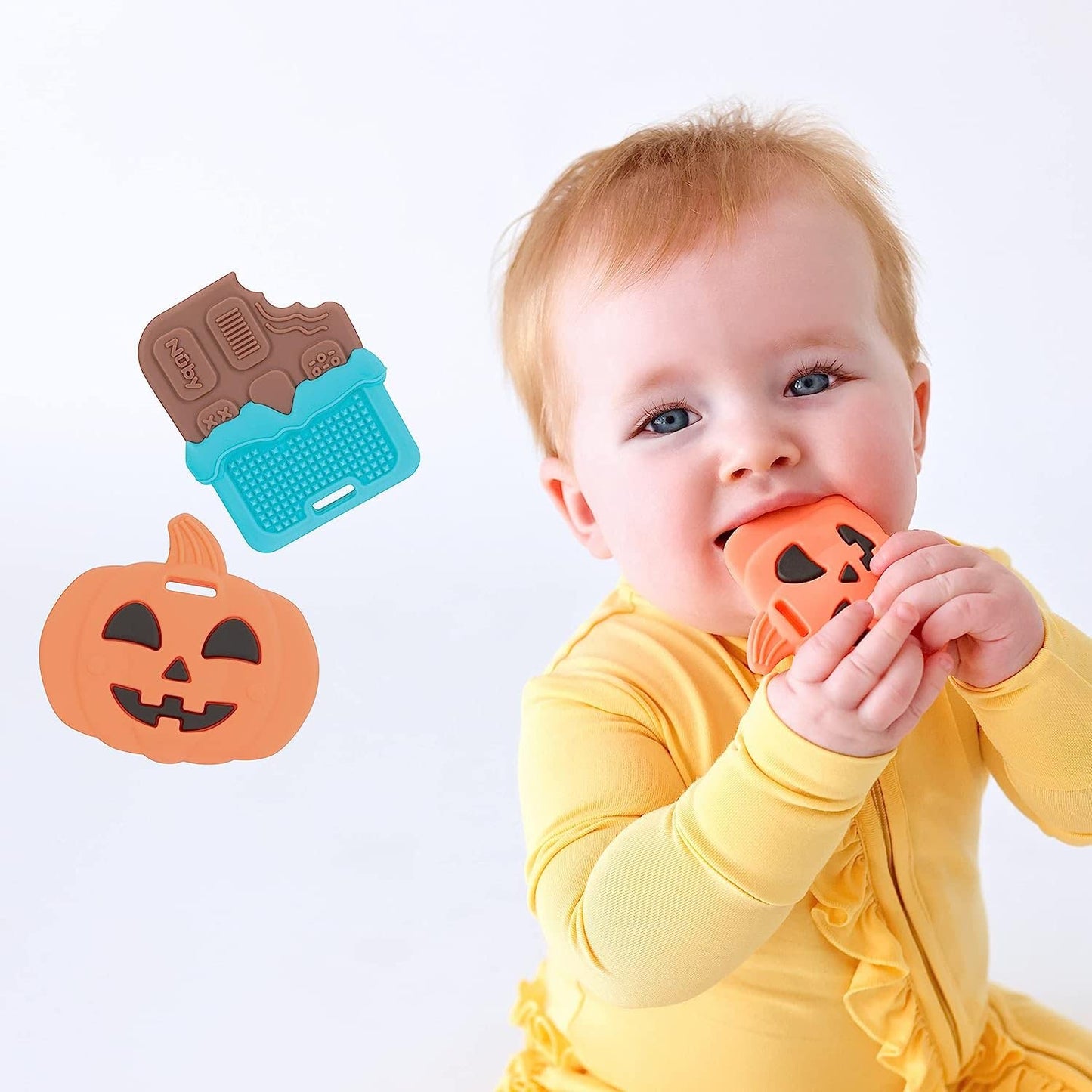 Nuby All Silicone Pumpkin & Chocolate Bar Teether - 2 Pack, 3+ Months