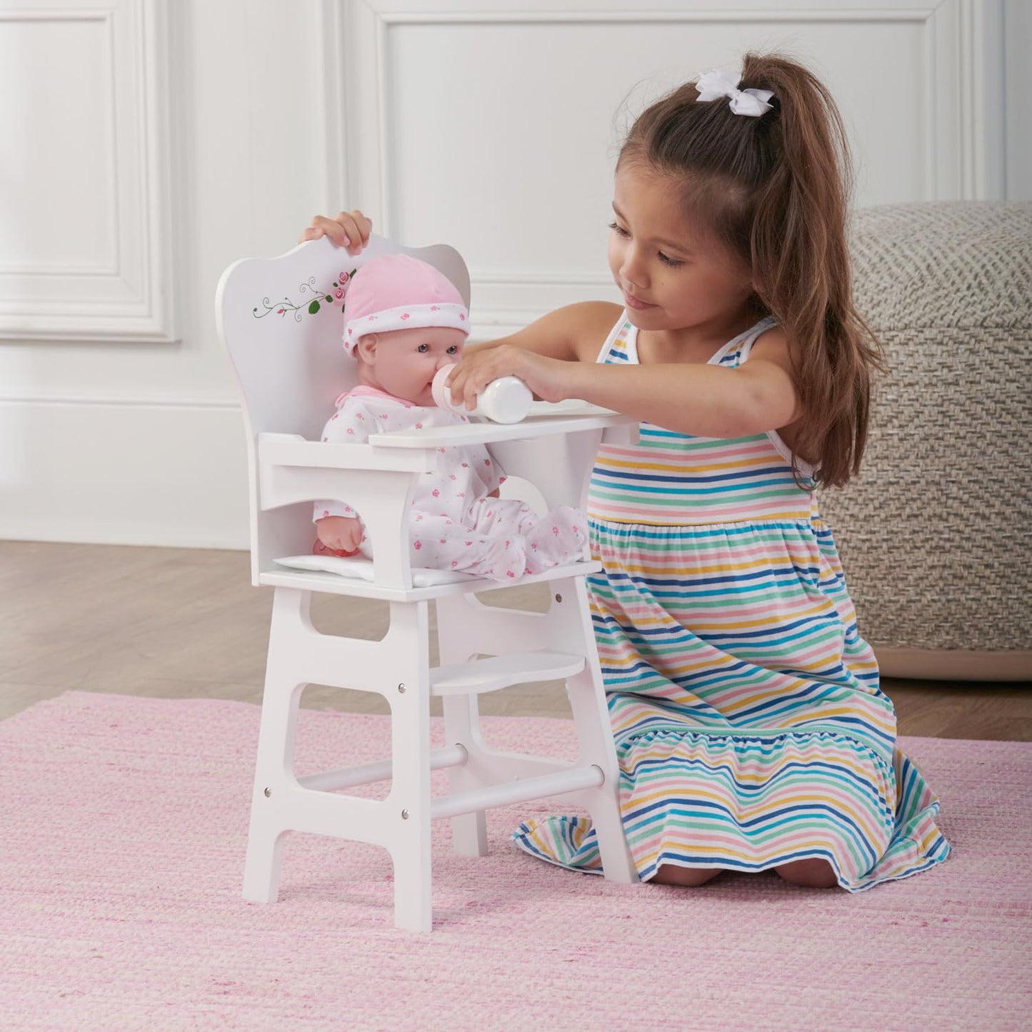 Badger Basket Doll High Chair - White and Rose Wood Design with Padded Seat and Lifting Tray - Fits 14 to 18 Inch Dolls for Pretend Mealtime Play