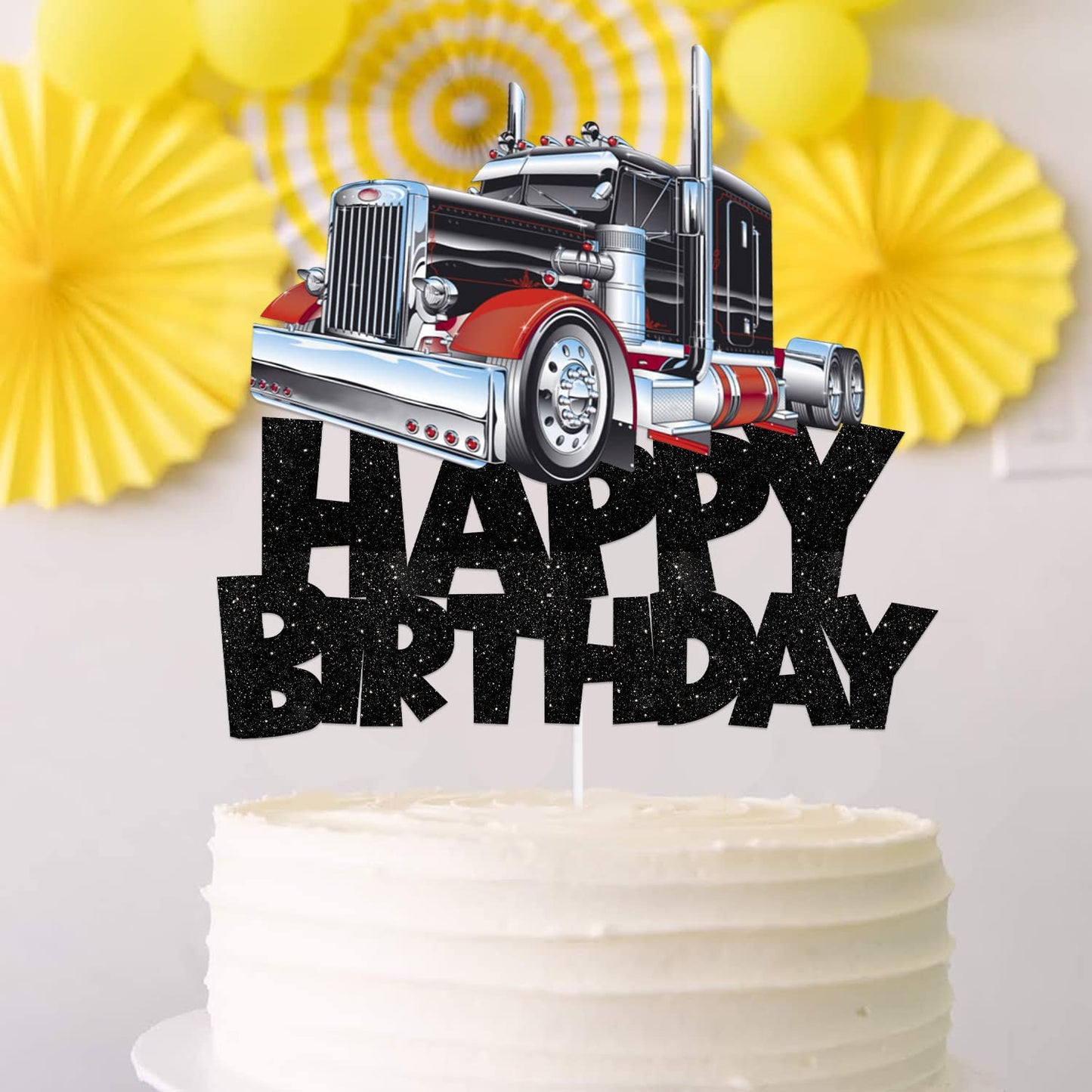 Truck Car Cake Topper Pick for Transportation Vehicle Theme Decor Supplies Baby Shower Boy Girl Happy Birthday Party Decorations Black Glitter
