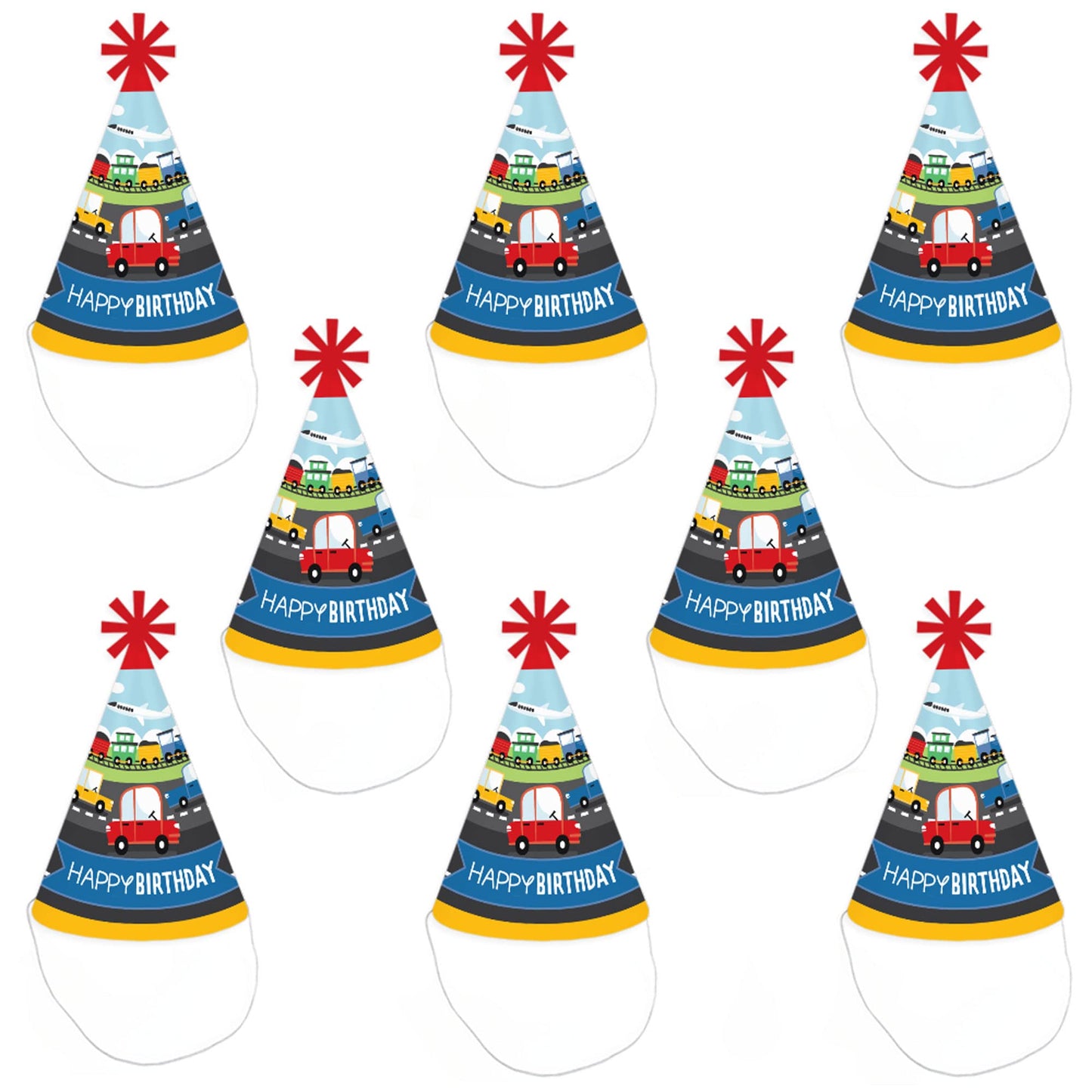 Big Dot of Happiness Cars, Trains, and Airplanes - Cone Happy Birthday Party Hats for Kids and Adults - Set of 8 (Standard Size)