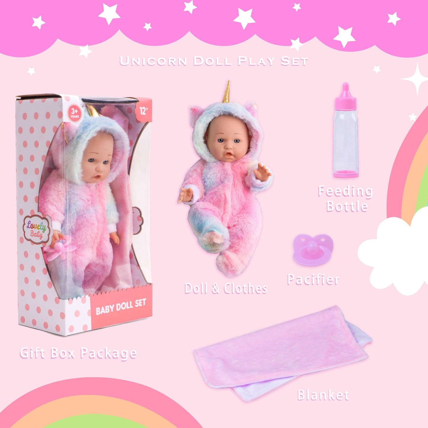 sweet dolly 12 Inch Baby Dolls with Unicorn Clothes Feeding Play Set