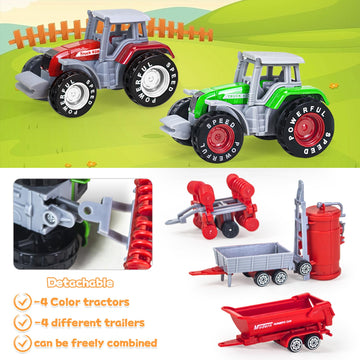 QUANA 4 Pack Farm Tractors, Plastic Farm Truck Toys for Kids Boys 3 4 5 6 7 8 Years Old, Detachable Farm Vehicles Playset Birthday Party Birthday