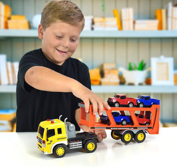 Sunny Days Entertainment Maxx Action 17’’ Vehicle Transport with 4 Diecast Trucks - Bright Lights and Car Sounds | Friction Powered Trailer | 6 Piece