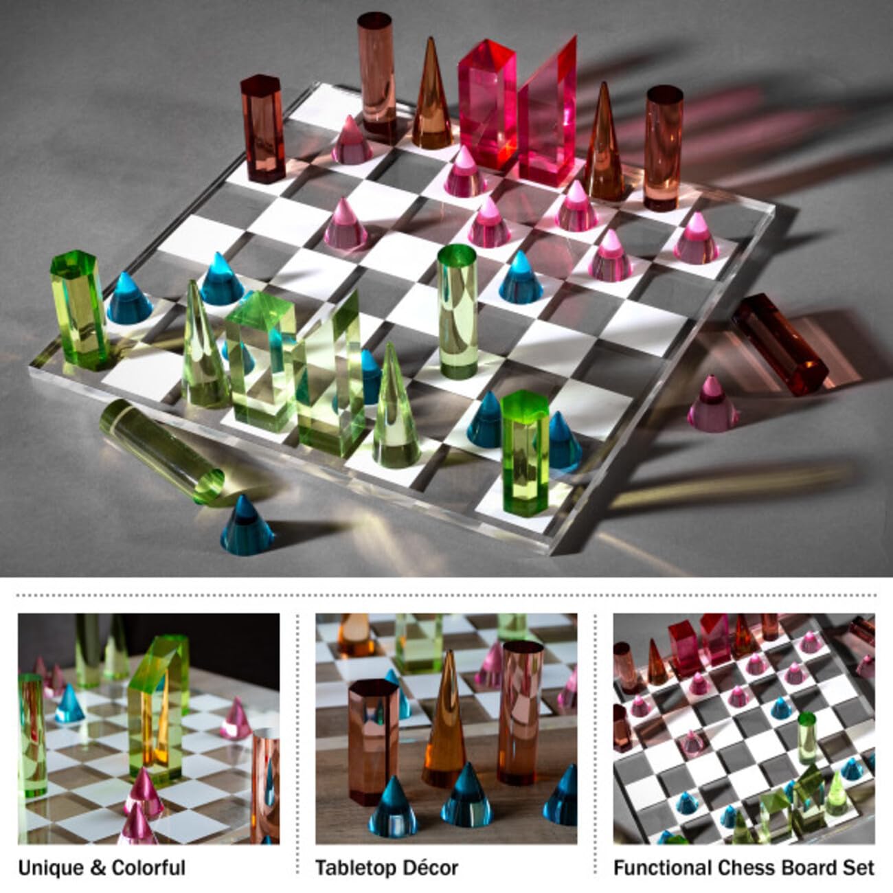 Trademark Games Modern Chess Set - Acrylic Chess Board with 32 Colorful Game Pieces - Unique Tabletop Decor Item with Functional Gameplay