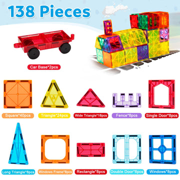 Ryoichi 138PCS Magnetic Tiles Set with 2 Cars, STEM Educational Construction Building Blocks & Montessori Learning Toys for Kids Ages 3-9+ Years