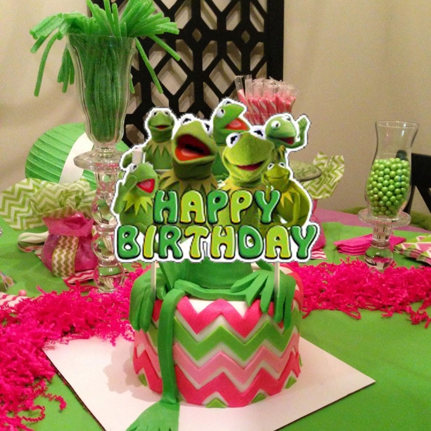 Frog Party Decorations,Kermit Frog Birthday Party Supplies Includes Banner- Cake Topper - 24 Cupcake Toppers - 18 Balloons