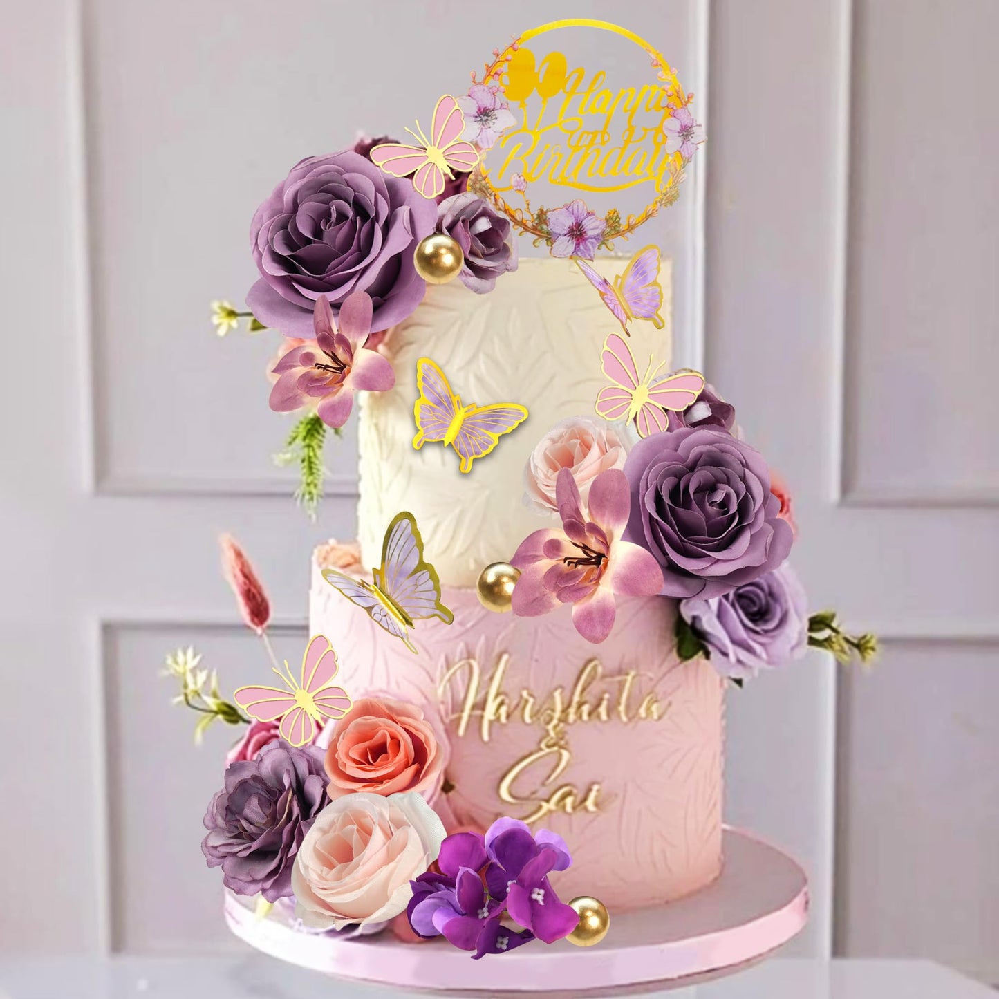 Flower Cake Topper Purple Cake Decorations with Artificial Flowers Butterfly Balls for Wedding Birthday