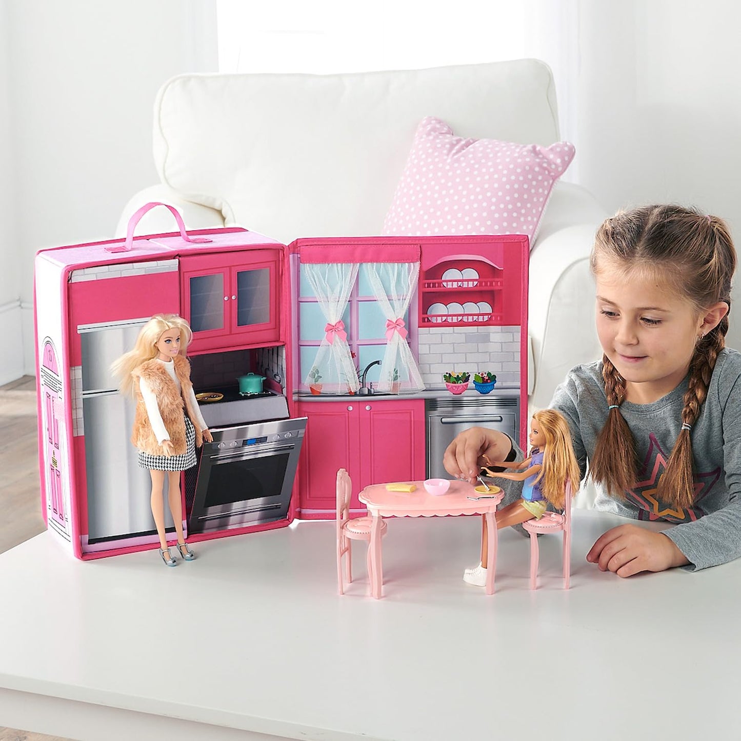 Badger Basket Portable Doll Kitchen Set for 12 Inch Dolls - Includes Oven, Fridge, Table, Chairs & Accessories