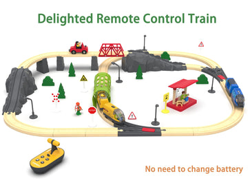 Battery Operated Train for Wooden Track, Electric Train Set Includes Remote Control Locomotive Train & Train Tunnel, Motorized Train Toy for Toddlers