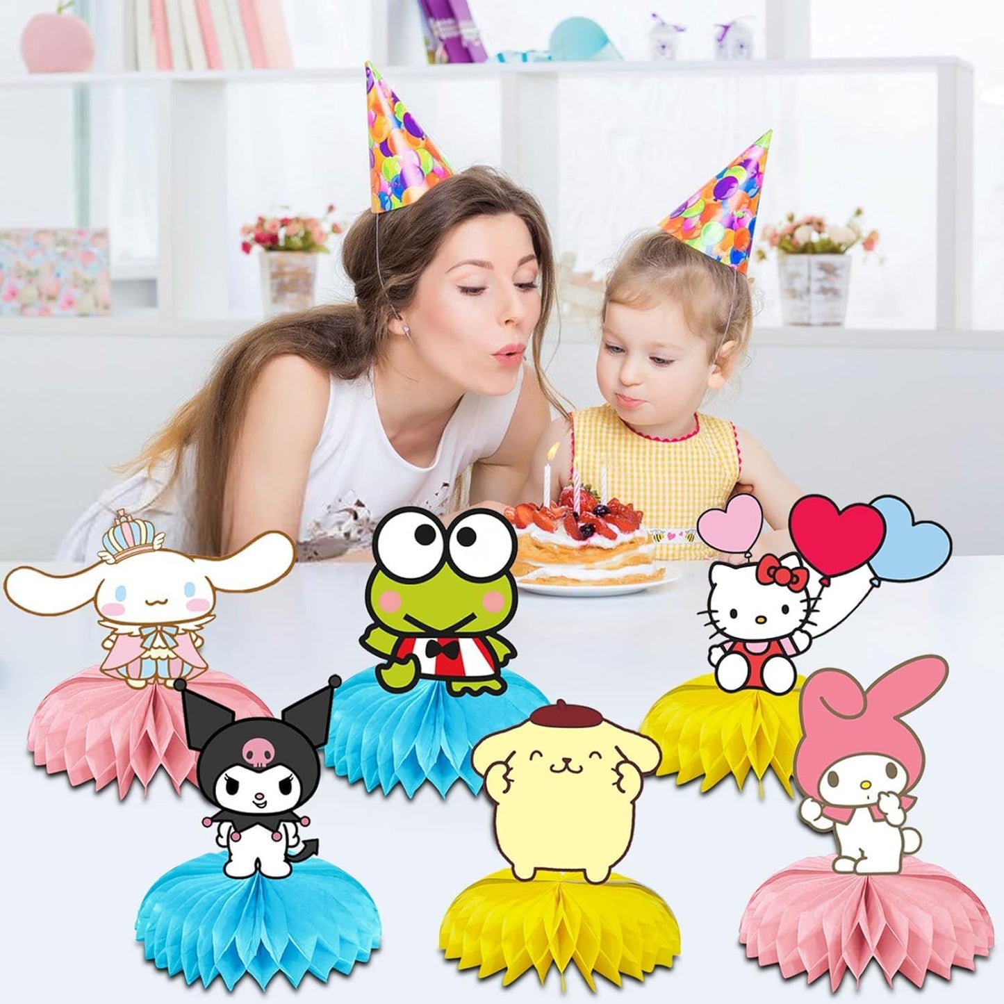 6Pcs Kitty Theme Party Table Centerpieces, Kawaii Honeycomb Decorations, Double-Sided Cat Table Toppers for Girls Birthday Party, Photo Booth Props
