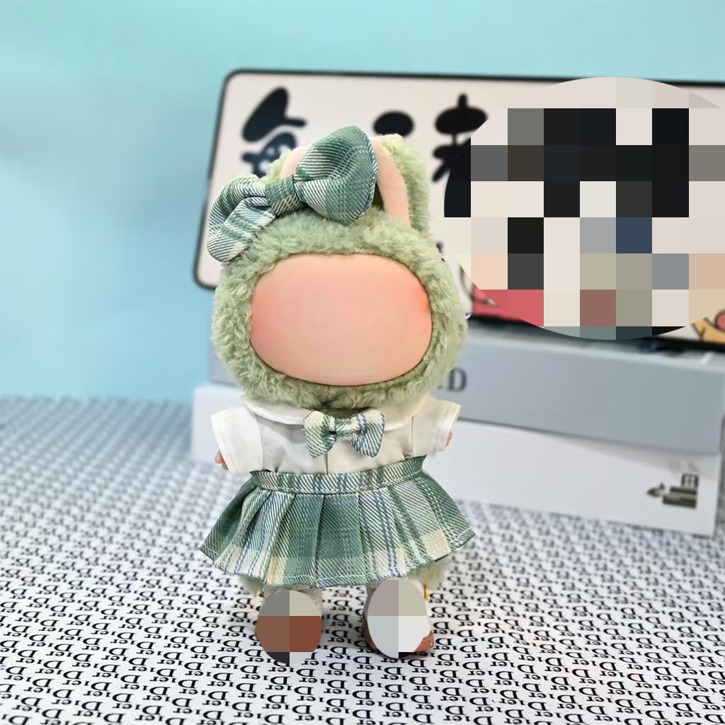 Clothes for Labubu 3-Piece Cotton Uniform Set with Bow Clip, Bow Tie Shirt & Plaid Skirt for 17cm Dolls(No Doll,No Shoes) (Green)