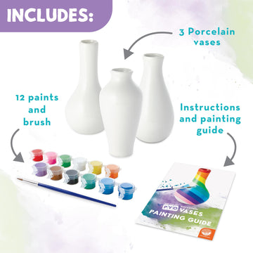 MindWare Paint Your Own Porcelain Vases Kit for Kids Ages 8+, 3 Ceramic Vases, 12 Paints, Brush, Guide, Bake & Display DIY Arts and Crafts Gift Set