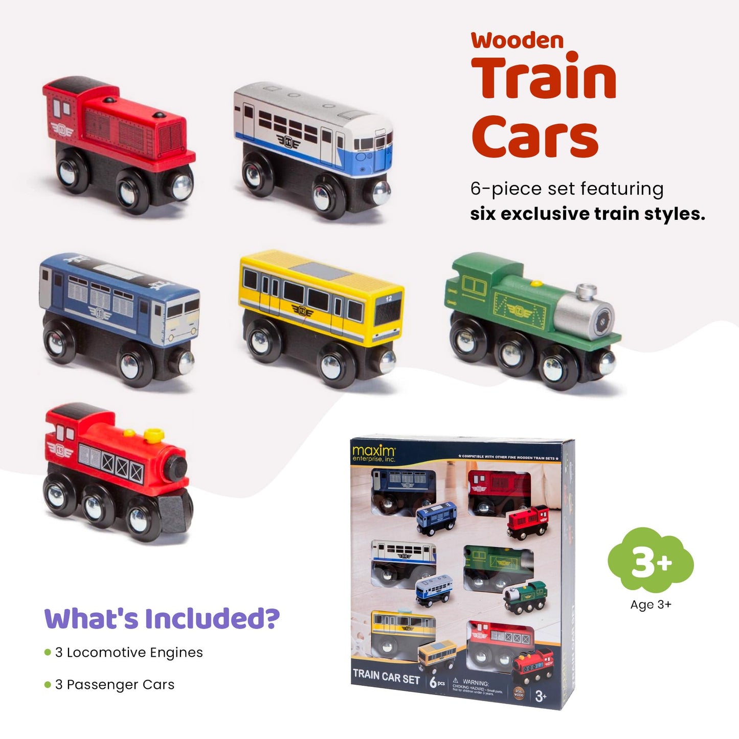Maxim Enterprise 6-Piece Wooden Train Car Set - Classic Rolling Locomotive/Train Engines Compatible with Thomas Wooden Railway, Brio & Other Major