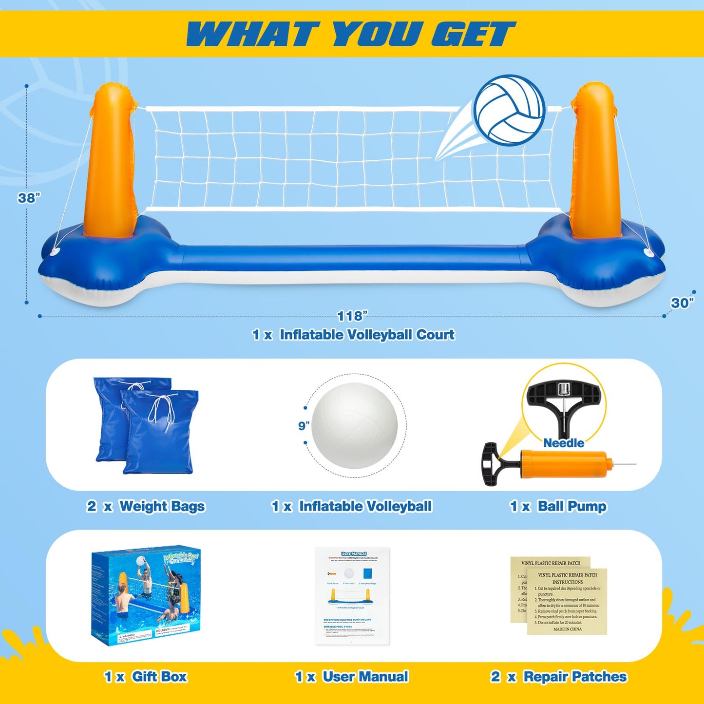 118" Pool Volleyball Net Set for Inground & Above Ground Pools | Complete Pool Game Kit with Water Volleyball, Pump & Adjustable Net, Outdoor Summer