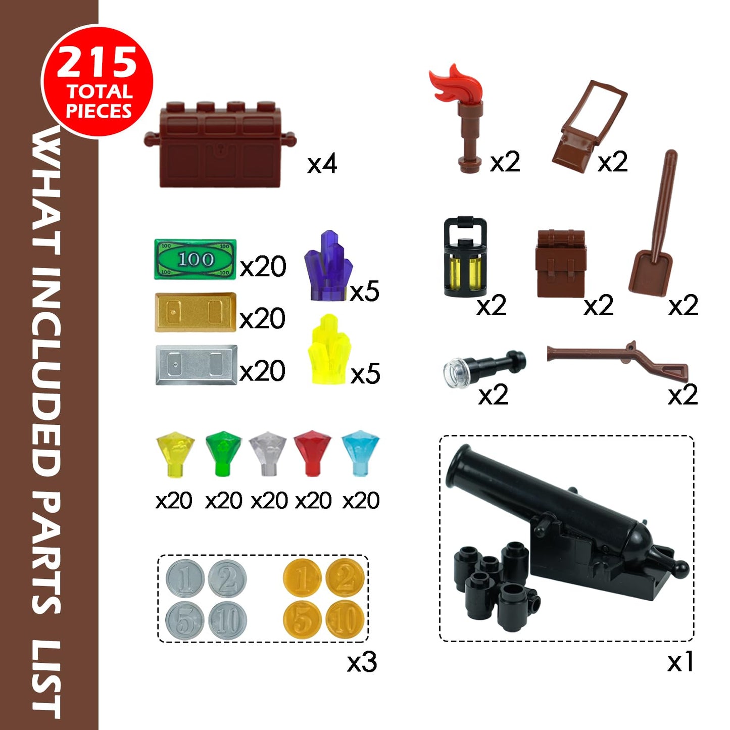 BroTex Pirates Treasure Chest Money Dollars, Silver Golden Gems Crystals Bag Torch Cannon Bricks Accessories Pack, Building Blocks Toys