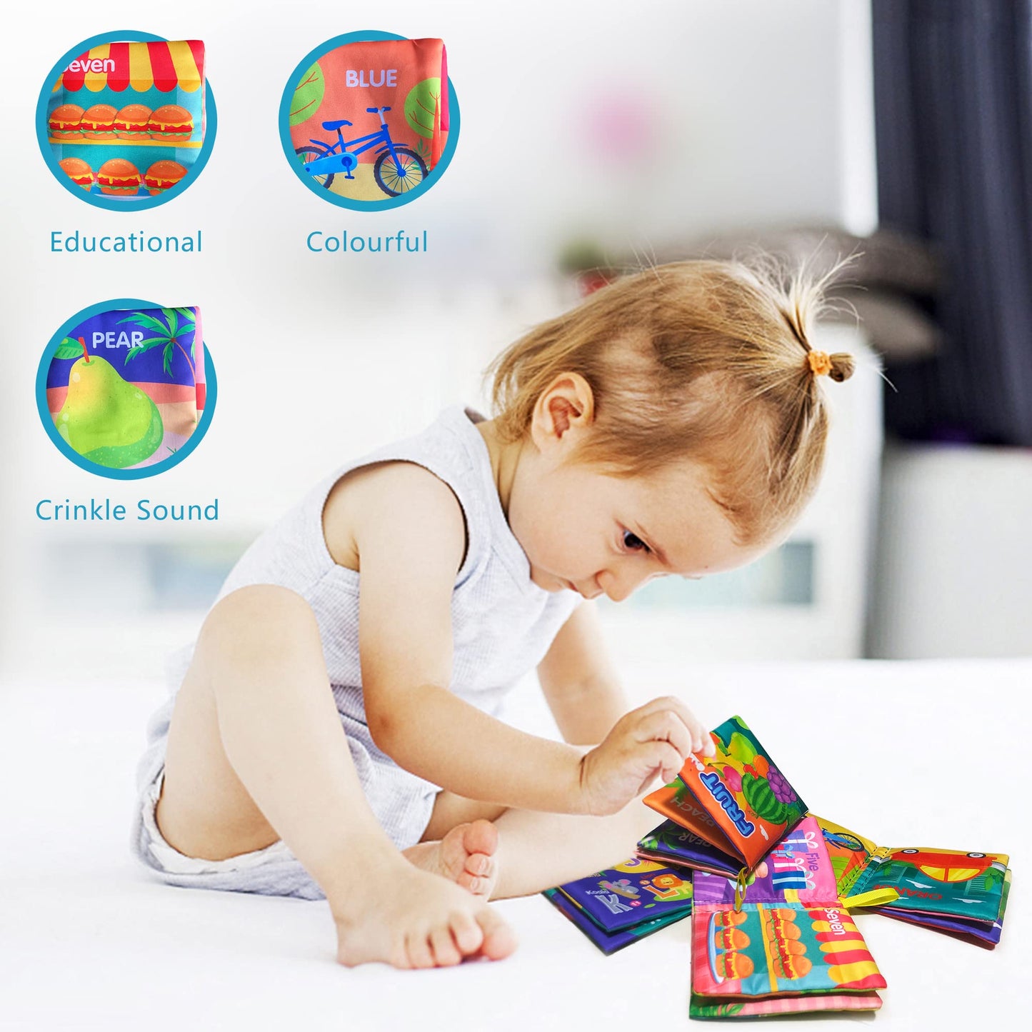 AMINFUN Soft Cloth Baby Books 4 Pack,ABC-Z&1-10&Colour&Fruit,Touch Crinkle Sensory Toys for Newborn Infants Toddler Non-Toxic Early Educational