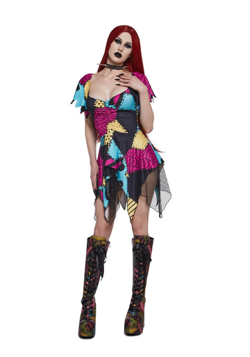 Dolls Kill Nightmare Sally Rag Doll Costume Dress - Halloween Colorblock Dress by Trickz N' Treatz, X-Small