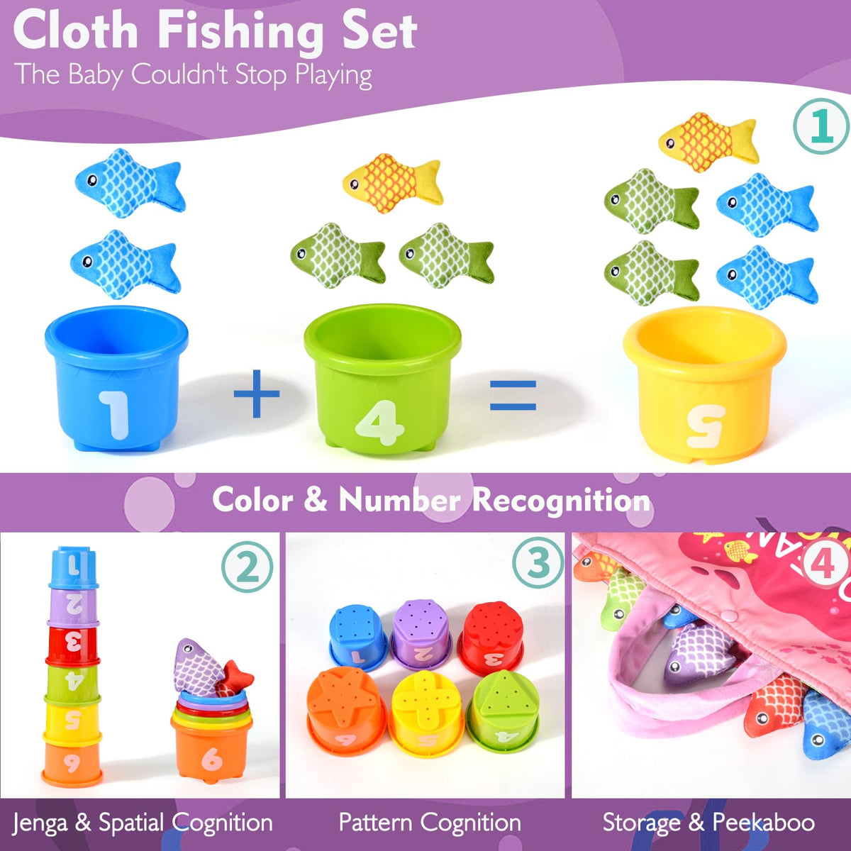 BAHIAKLO Montessori Toys for 1 Year Old Girl Gifts, Pink Cloth Fishing Toy for Toddler 1-3, Fine Motor Skills Toy Sorting Learning Baby Toys 6-12-18