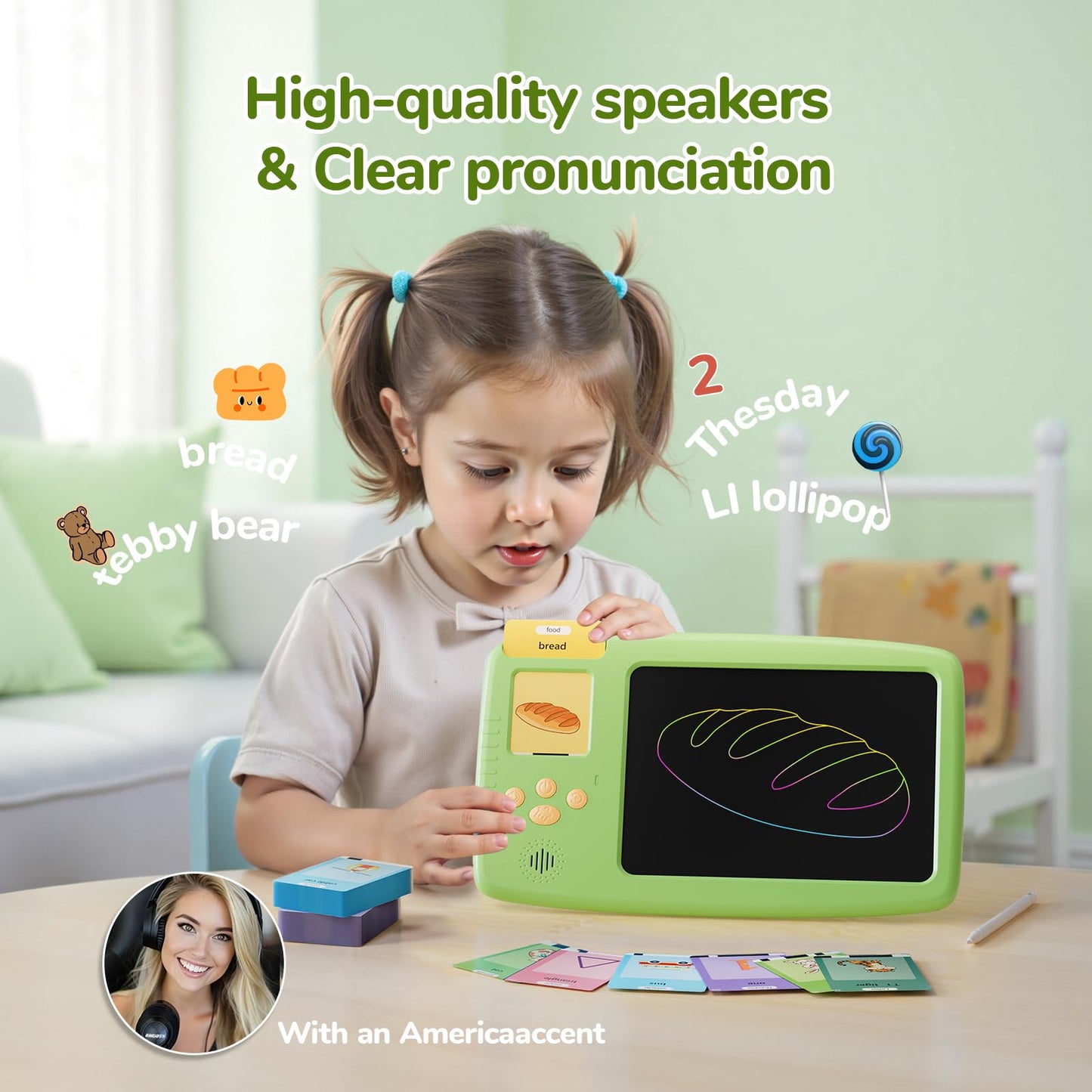 ZONSTVYS Talking Flash Cards for Toddlers: 2-in-1 LCD Writing Tablet, Green