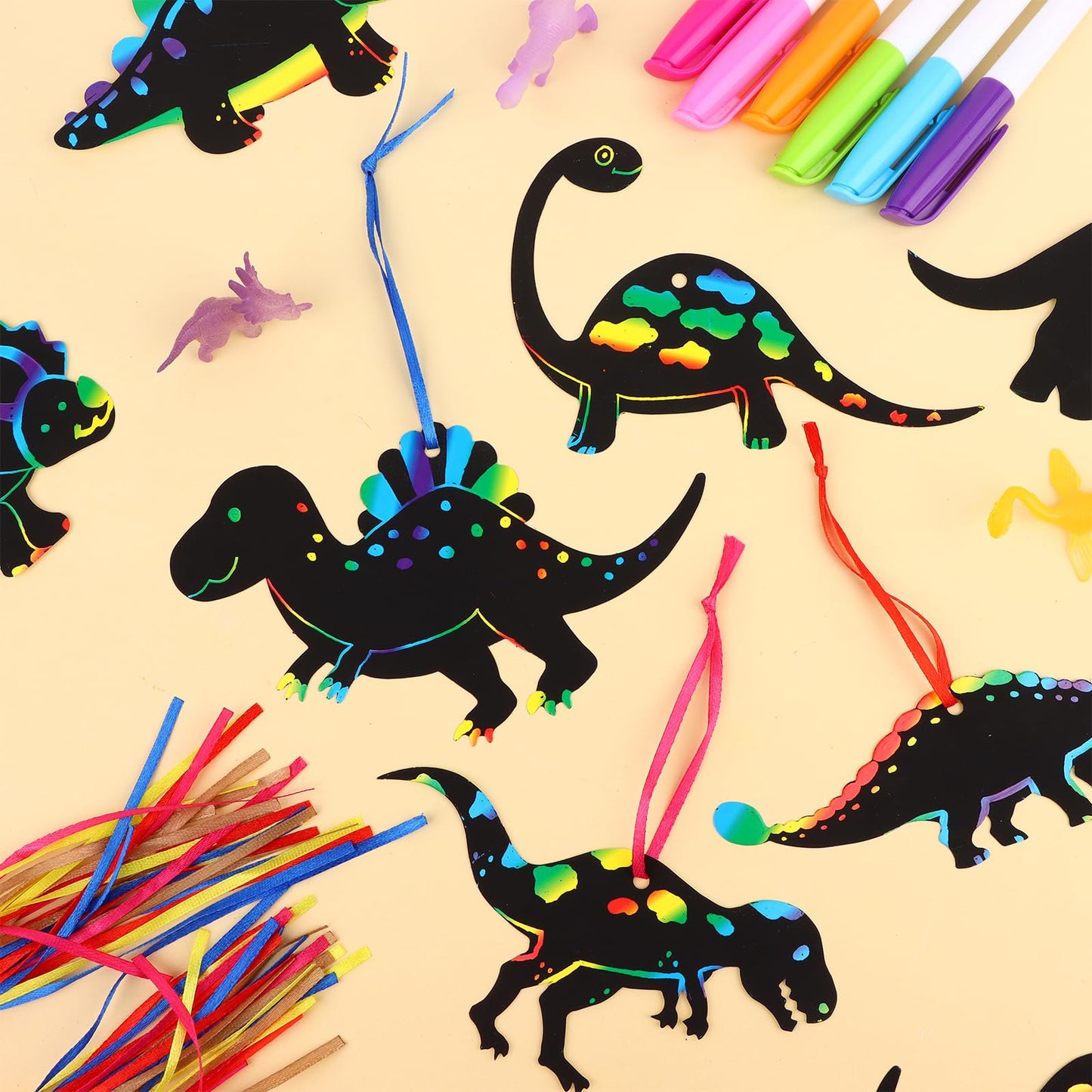 Droutti 64 Sets Dinosaur Theme Scratch Cards Rainbow Scratch Paper Dinosaur Crafts Art Card Kit DIY Scratch Dinosaur Paper with Wood Stylus and Ribbon