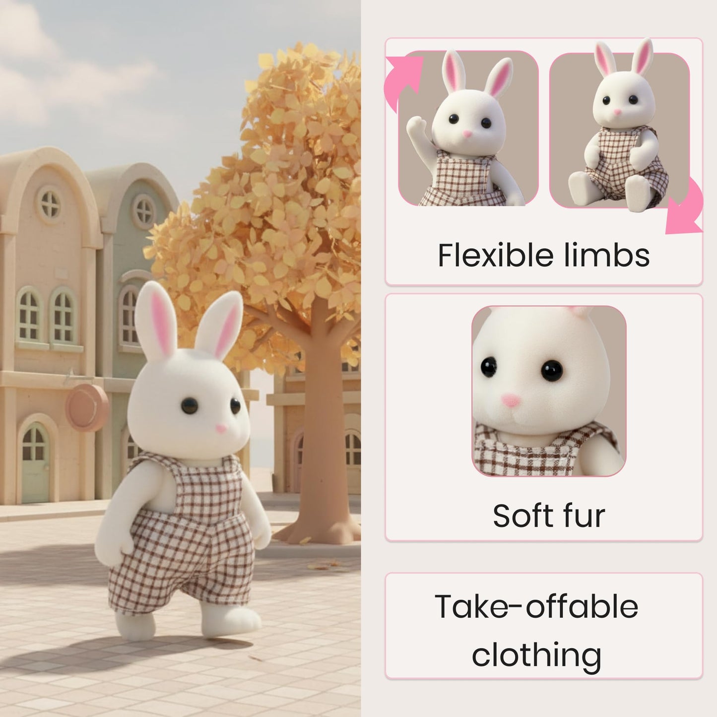 OLEOCA Family White Rabbit Figures - Set of 2 Collectible Flocked Mini Dolls with Removable Clothes, Miniature Dollhouse Pretend Play Figures for Kids