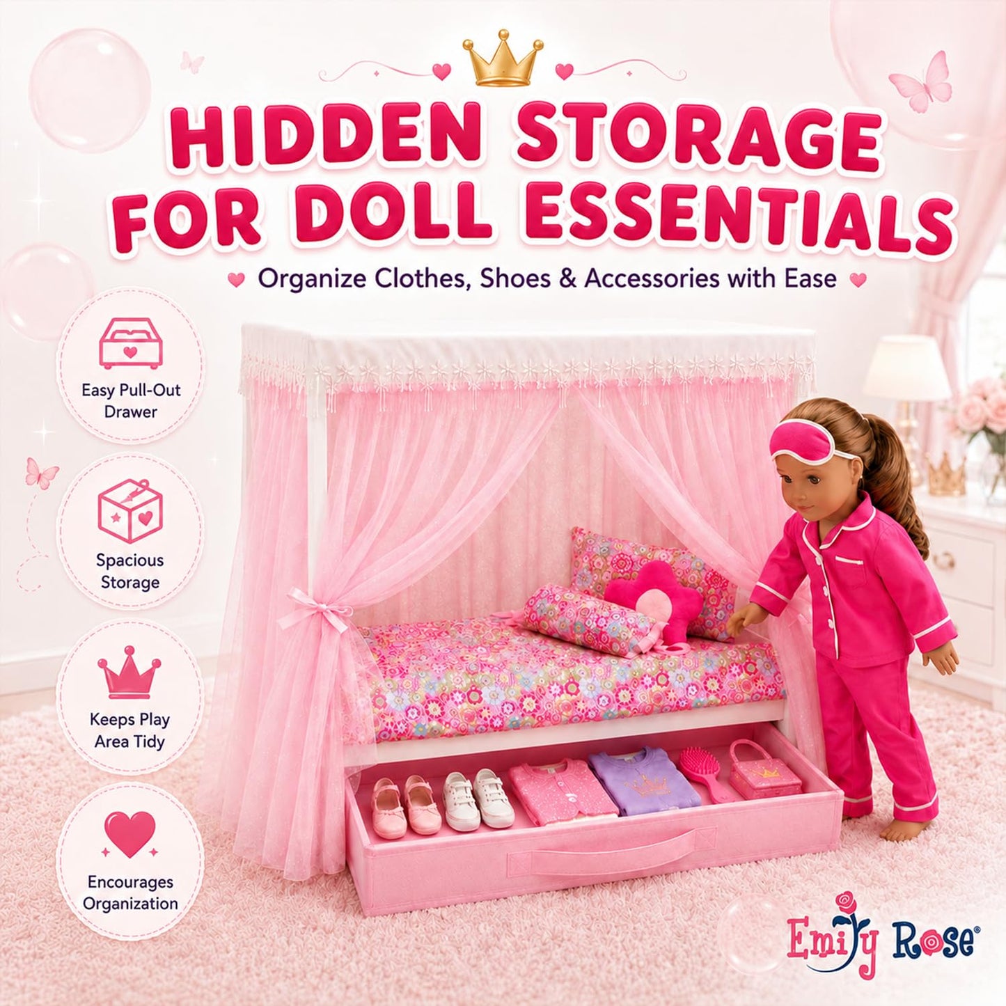 Emily Rose 18" Doll Princess Canopy Bed - White Wood with Pink Curtains