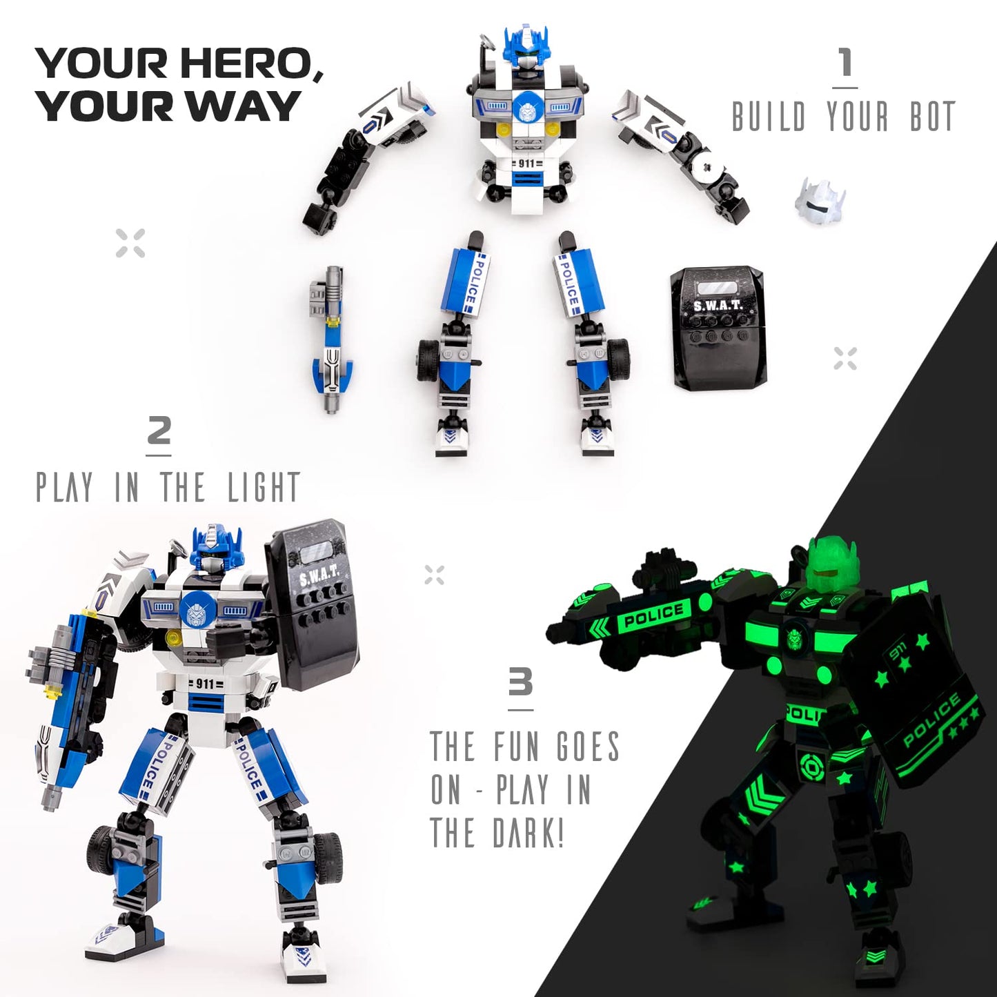 JITTERYGIT Robot Police Mech Glow in The Dark Toy Cop Gift, SWAT Action Figure Buildable STEM Building Superheroes Soldier - Cool Present for Boys