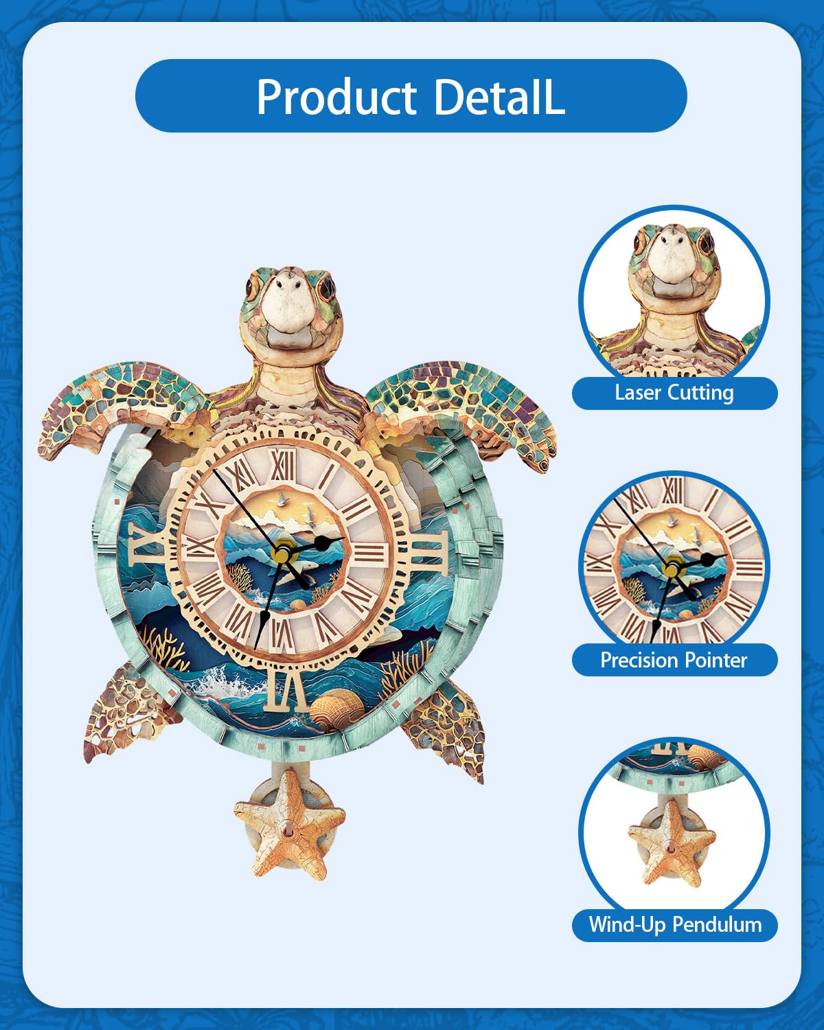 Rnfinewow 3D Puzzles for Adults, 3D Puzzle Sea Turtle Clock Kit (with Pendulum), Wooden Puzzle for Adults Home Wall Decor Clock Christmas Day Puzzle