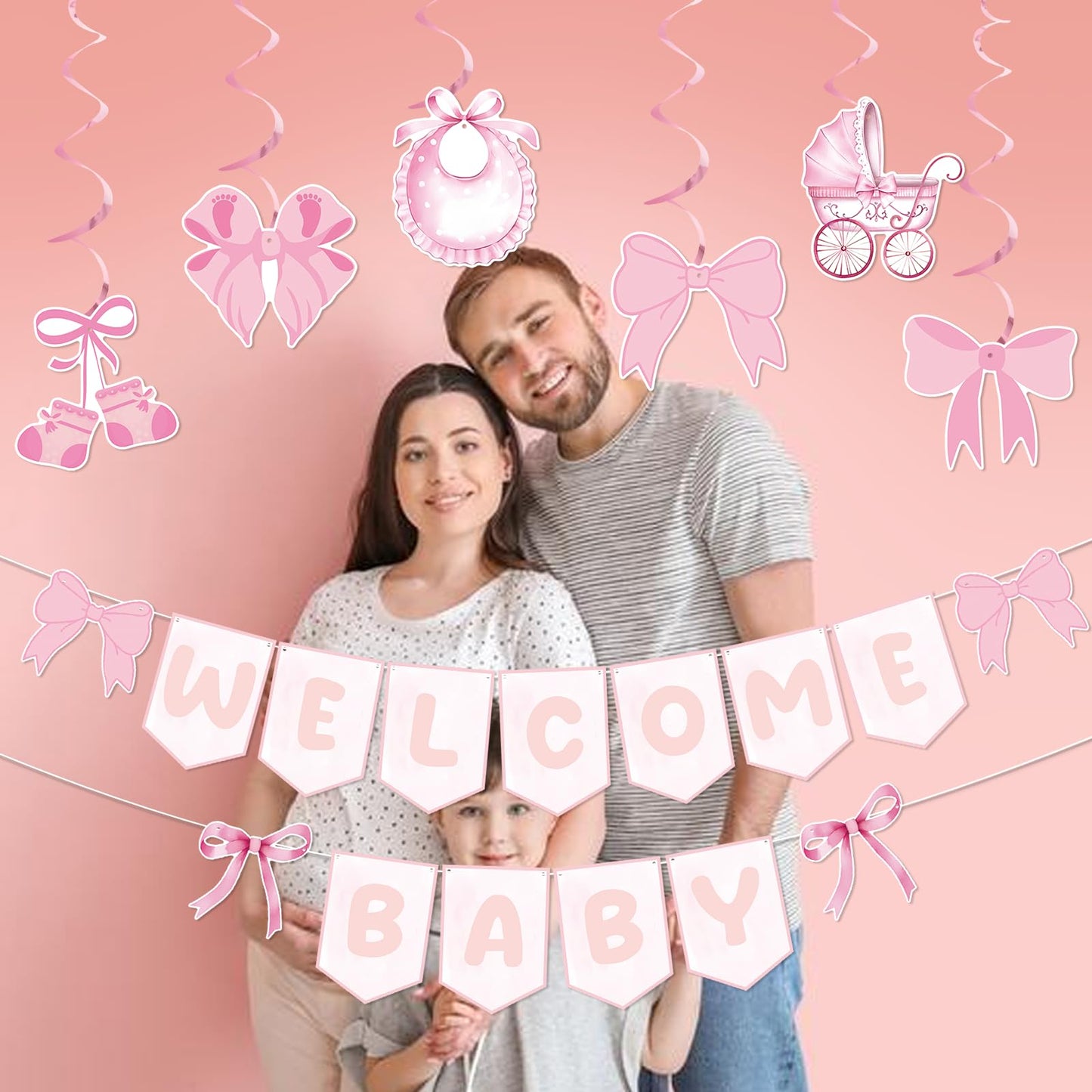 Pink Bow Welcome Baby Banner With Haning Swirls, Bow Baby Girl Banner, Pink Bow Baby Shower Decorations, Welcome Baby Girl Decorations for Girls