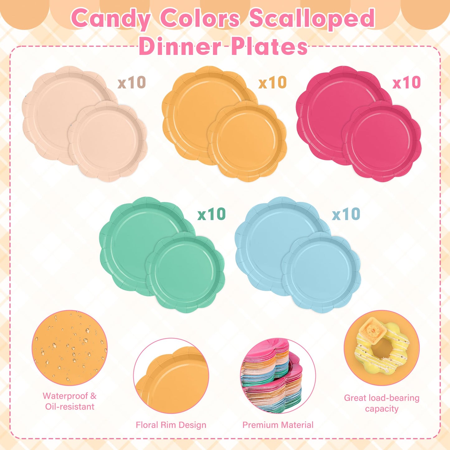 ZUQMZUQ 350 Pcs Colorful Party Plates and Napkins Party Supplies Serves 50 Guests Include Candy Colors Scalloped Plate Napkin Cup & Cutlery for Baby
