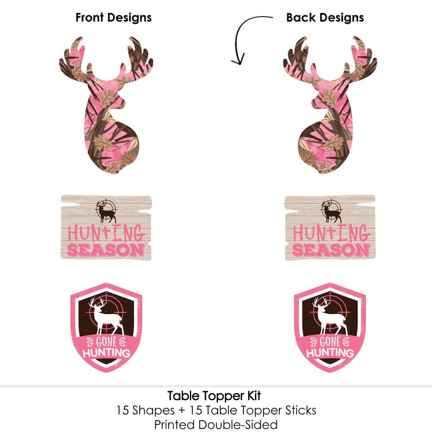 Big Dot of Happiness Pink Gone Hunting - Deer Hunting Girl Camo Baby Shower or Birthday Party Centerpiece Sticks - Table Toppers - Set of 15