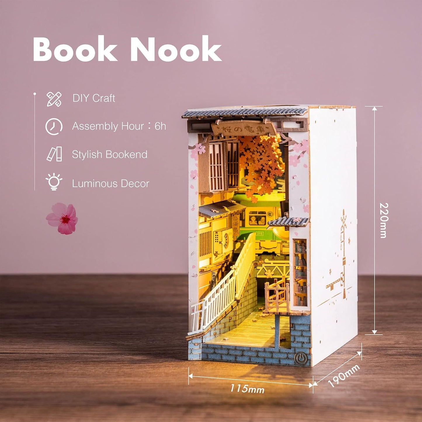 Rolife DIY Book Nook Kit Sakura Densya, DIY Miniature Booknook Kit Creative Decorative Bookend Bookshelf Insert 3D Puzzles for Adults