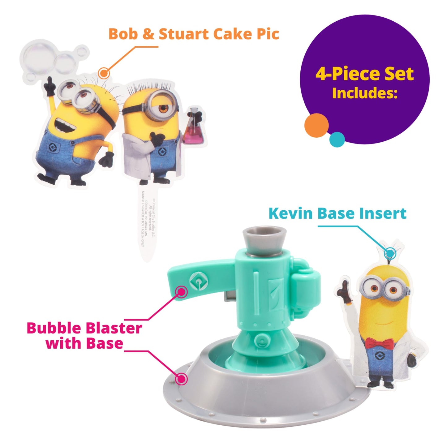 DecoSet® Minions Fart Bubble Blaster Cake Topper, 4 Piece Decoration Set With Working Bubble Wand, Stand, & Kevin, Bob, & Stuart Minions |