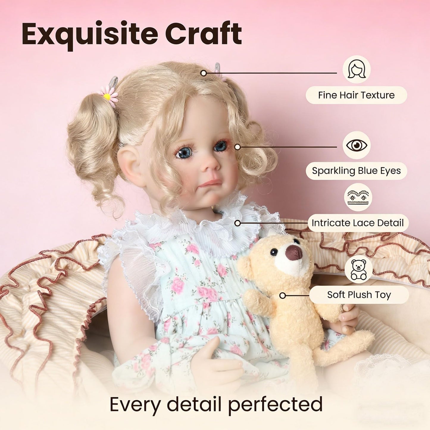 Tookyhill Lifelike Reborn Baby Doll - 22 Inch Realistic Blonde Toddler Doll with Curly Hair, Blue Eyes & Bear Toy Accessories, BPA-Free Posable Full