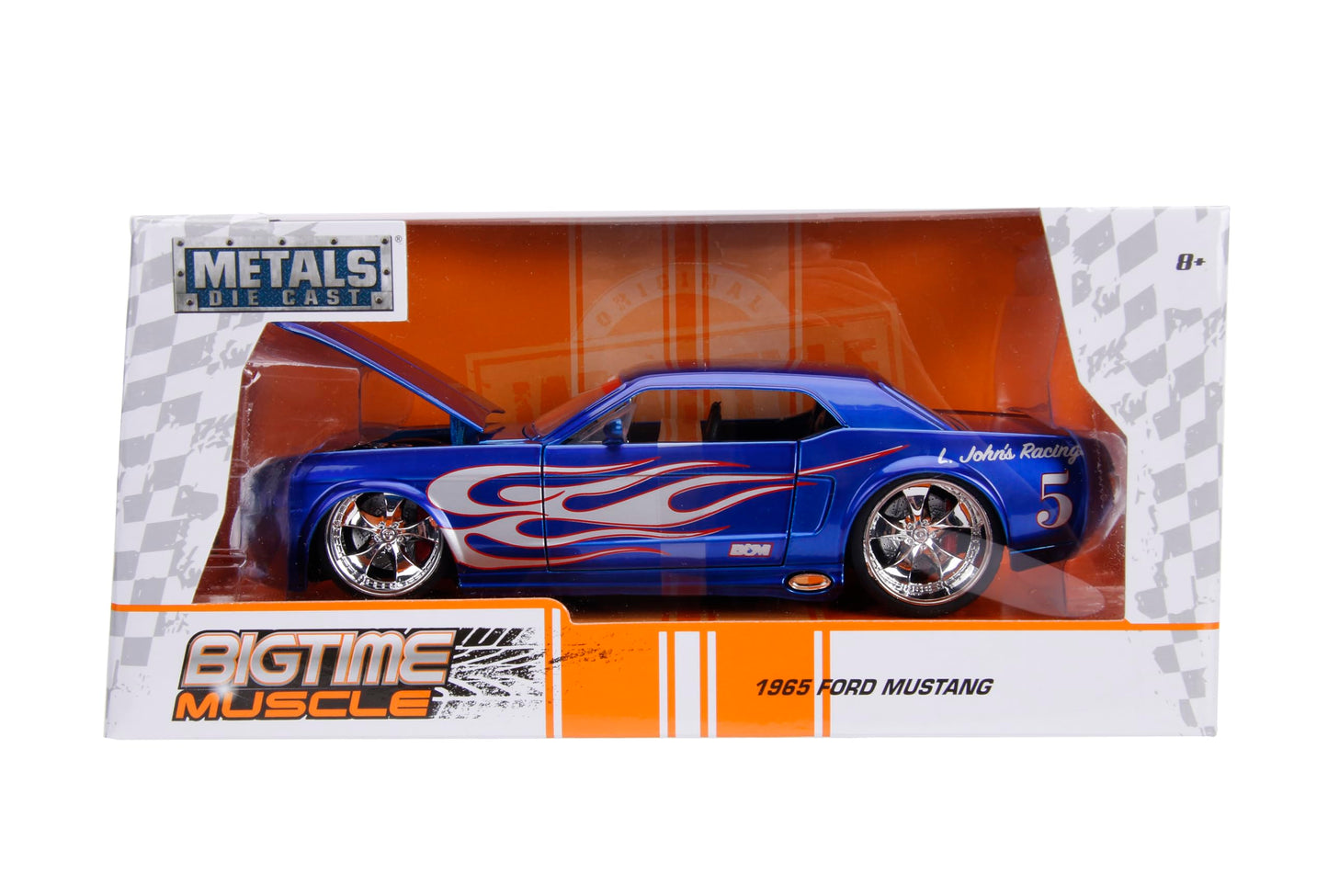 Jada Bigtime Muscle 1:24 1965 Ford Mustang Die-Cast Car, Toys for Kids and Adults(Blue/Silver Flames)