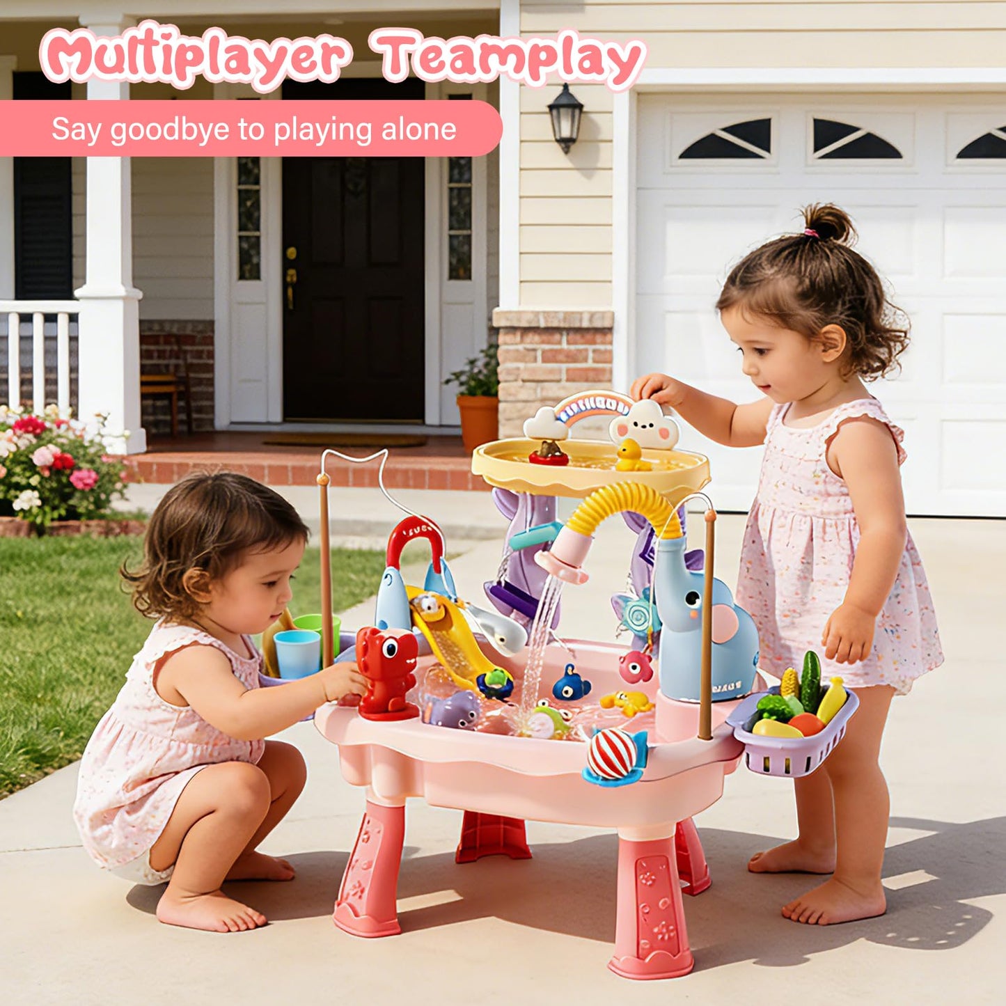 NOPROB 2027 Upgraded Toddlers 1-3 Water Table with Electric Pump, Kids Water Table with Faucet Play Food Accessories Fishing Toy, Kitchen Play Sink