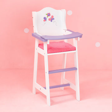 Olivia's Little World Little Princess Baby Dolls High Chair with Fixed Tray and Pink Polka Dot Cushion, White/Purple