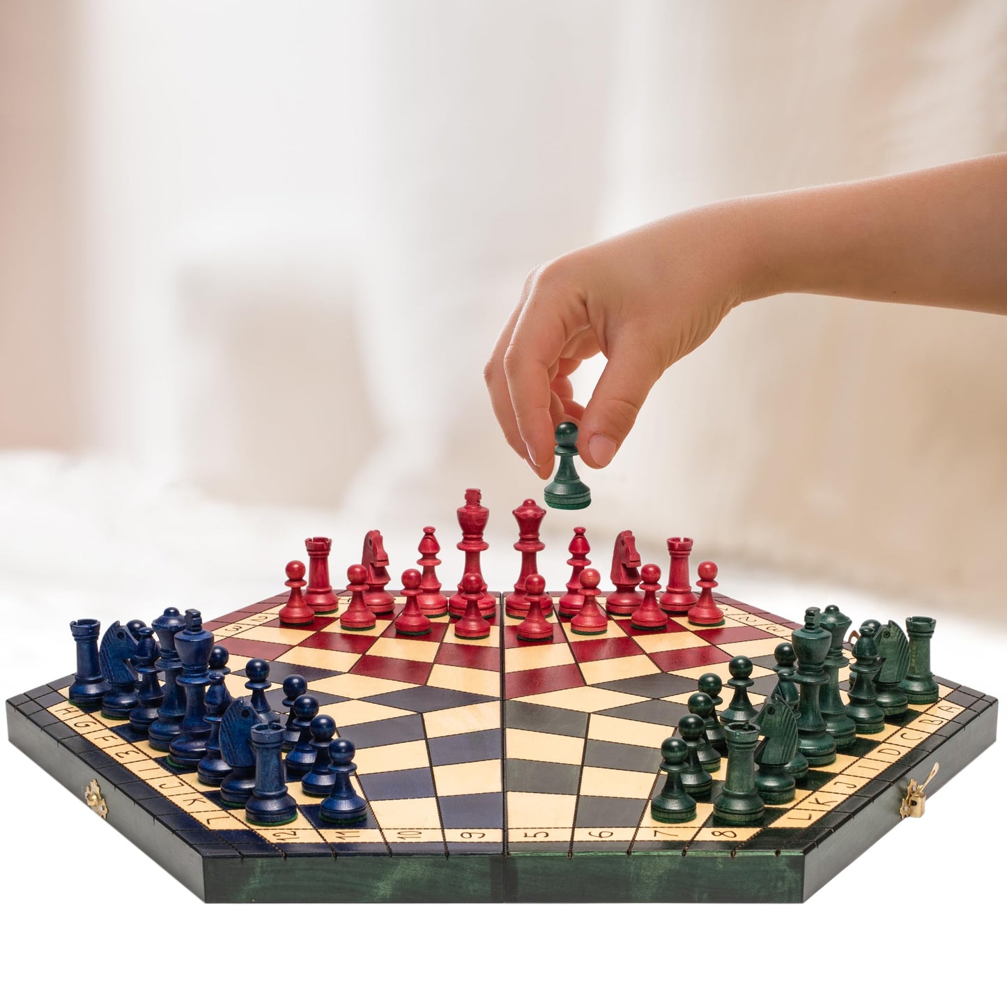 Husaria Wooden Three-Player Chess Set - 21" Foldable Hexagonal Board with Hand-Carved Tri-Color Pieces & Felt Storage - Made in Poland
