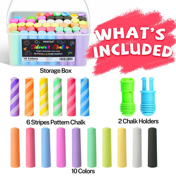 VEESA Sidewalk Chalk for Kids, Bucket Pack (46 Count + 2 Chalk Holders)