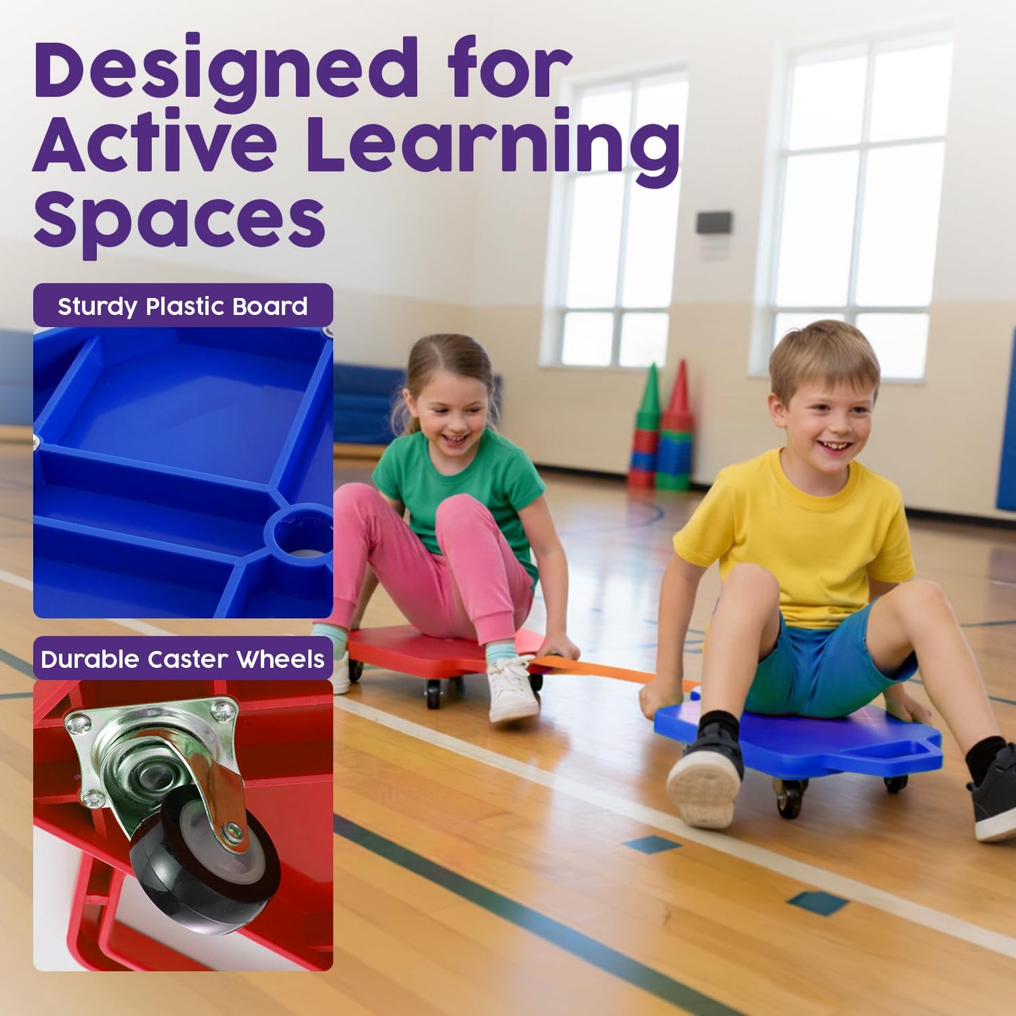 Hurtle Scooter Boards for Kids with Safety Handles, 2-Pack Heavy Duty Gym Floor Scooters with 360° Wheels for PE, Indoor Active & Sensory Play