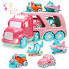 Carrier Car Toy Set(5 in 1) with Lights and Sounds, Pink Toy for Girl Toddler Kid, Friction Powered Double Layer Transport Truck with Cartoon